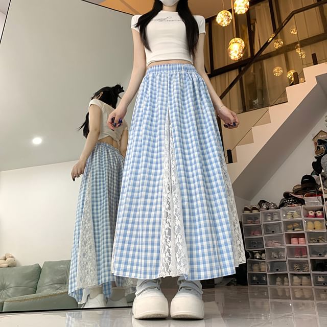 Plaid Maxi Skirt with Lace Panel and High Rise