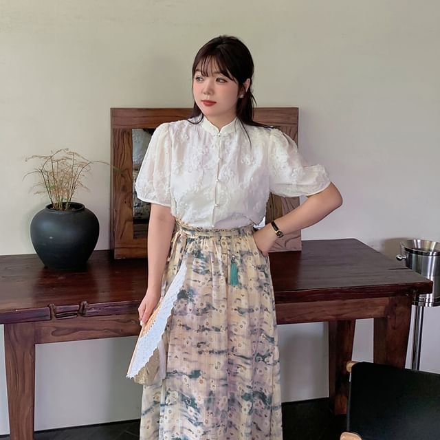 Plus Size Short-Sleeve Stand Collar Plain Blouse