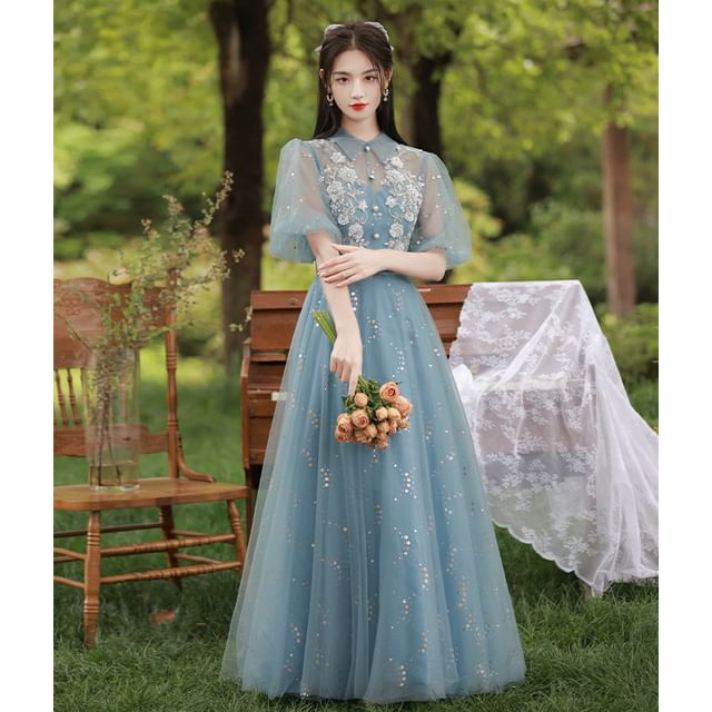 Puff-Sleeve Collar Flower Embroidered Sequin A-Line Evening Gown
