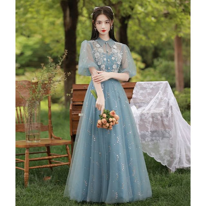 Puff-Sleeve Collar Flower Embroidered Sequin A-Line Evening Gown