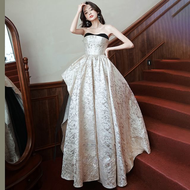 Strapless Patterned Asymmetrical A-Line Evening Gown