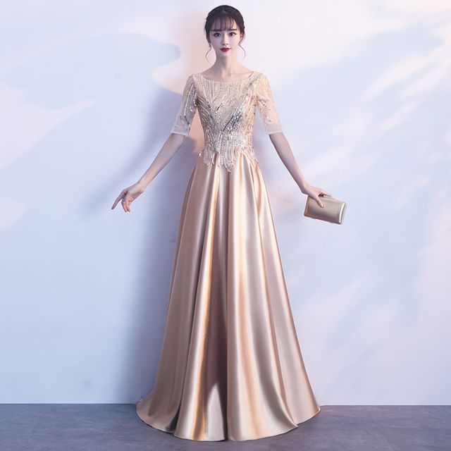 Short-Sleeve Sequin Beaded A-Line Evening Gown