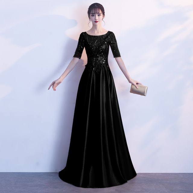 Beaded Sequin Evening A-Line Short-Sleeve Gown