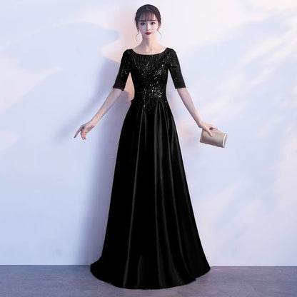 Short-Sleeve Sequin Beaded A-Line Evening Gown
