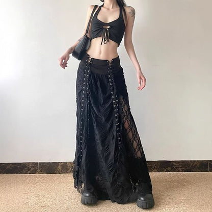 High-Rise Lace-Trimmed Long A-Line Skirt