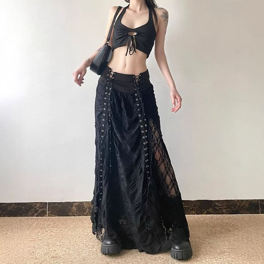 High-Rise Lace-Trimmed Long A-Line Skirt