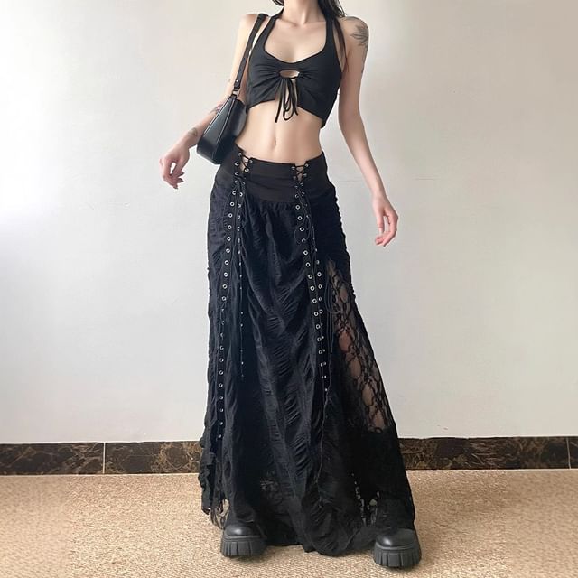 High-Rise Lace-Trimmed Long A-Line Skirt