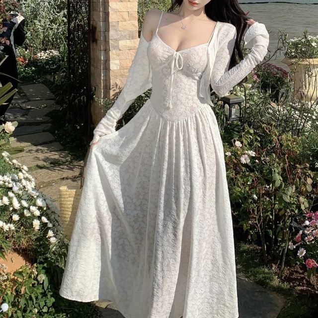 Jacket Spaghetti Strap Dress Jacquard Floral A-Line Crop / Maxi