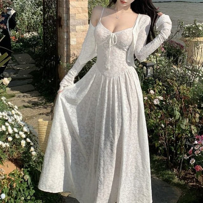 Jacket Spaghetti Strap Dress Jacquard Floral A-Line Crop / Maxi