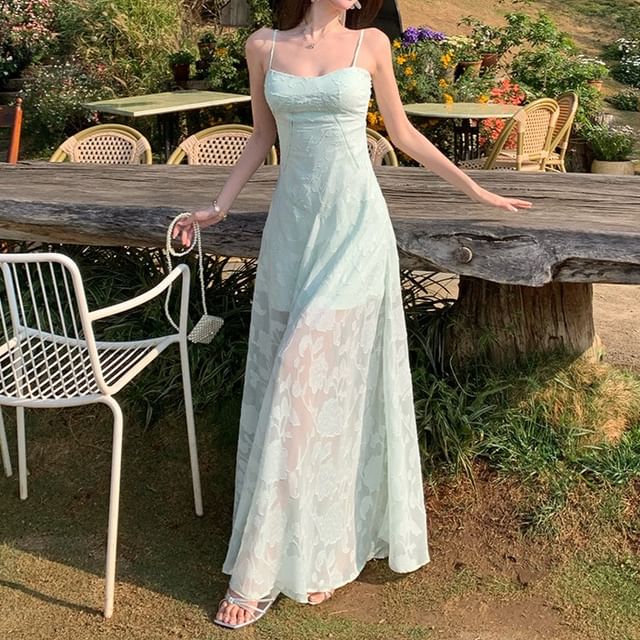 Floral A-Line Dress Jacquard Strap Maxi Spaghetti