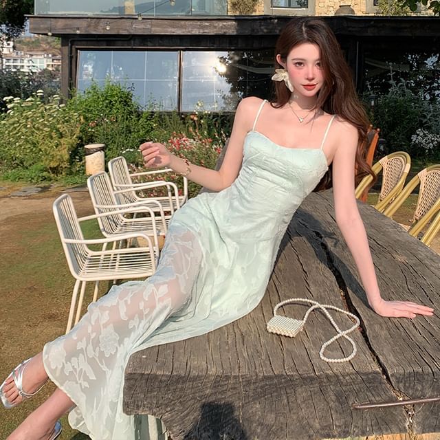 Floral A-Line Dress Jacquard Strap Maxi Spaghetti