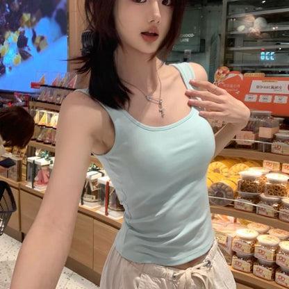 Neck Padded Square Fit Plain Slim Top Tank