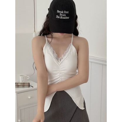 Cami Fit Trim Lace Top Slit Ruched Plain Slim