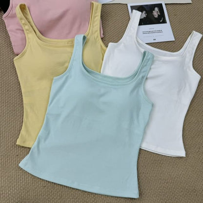 Neck Padded Square Fit Plain Slim Top Tank