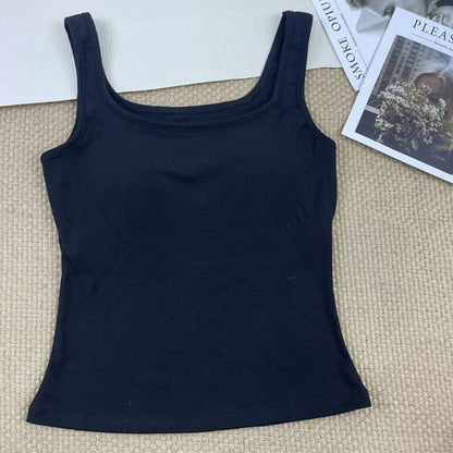 Neck Padded Square Fit Plain Slim Top Tank
