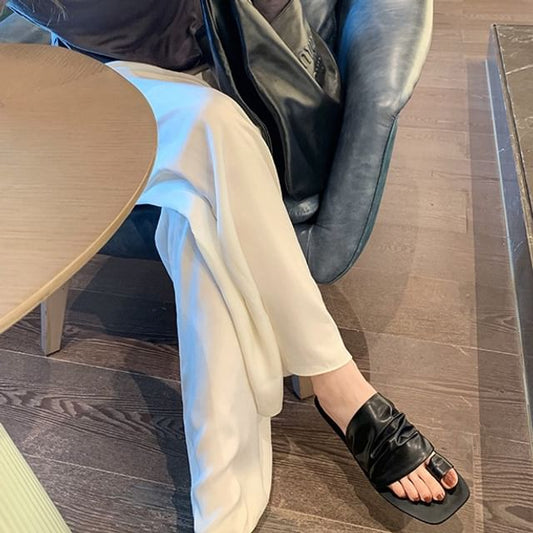 Square Toe Ruched Faux Leather Toe Loop Slide Sandals