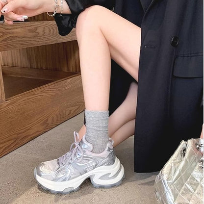 Platform Mesh Panel Lace-Up Genuine Leather Sneakers