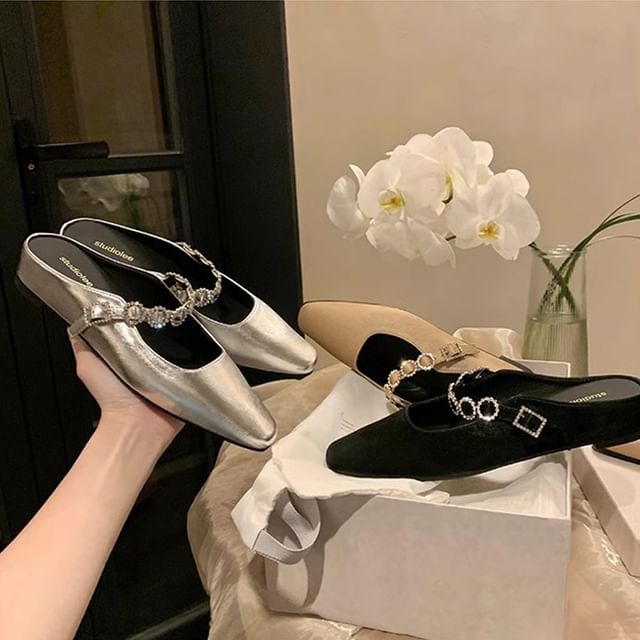 Hidden Wedge Rhinestone Faux Leather Mary Jane Mules