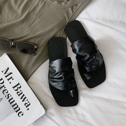 Square Toe Ruched Faux Leather Toe Loop Slide Sandals