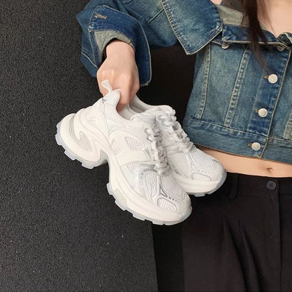 Platform Mesh Panel Lace-Up Genuine Leather Sneakers