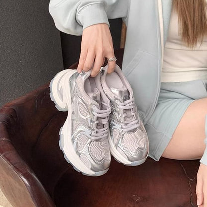 Platform Mesh Panel Lace-Up Genuine Leather Sneakers