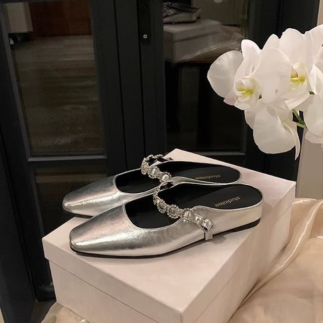 Hidden Wedge Rhinestone Faux Leather Mary Jane Mules