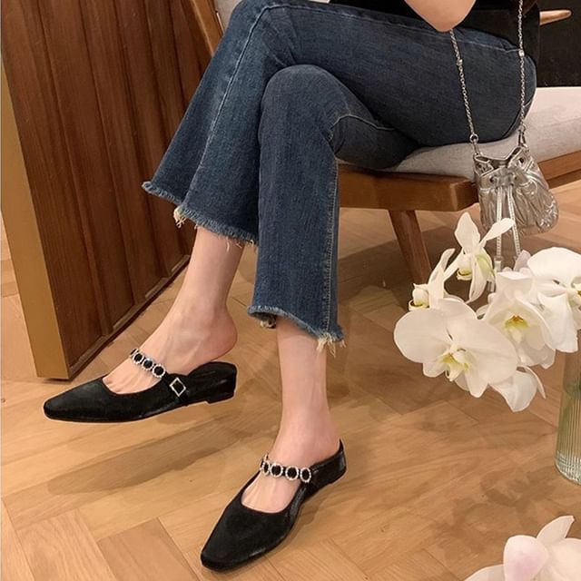 Hidden Wedge Rhinestone Faux Leather Mary Jane Mules