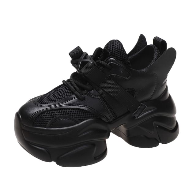 Platform Buckled Lace-Up Mesh Sneakers