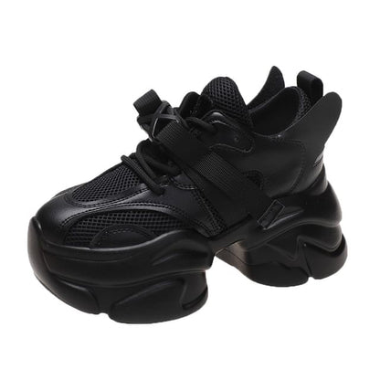 Platform Buckled Lace-Up Mesh Sneakers