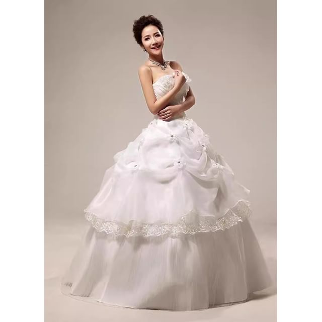 Floral Panel Ball Lace Gown Strapless Ruched Accent