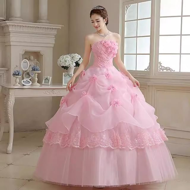 Strapless Lace Panel Floral Accent Ruched Ball Gown