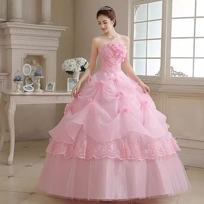 Strapless Lace Panel Floral Accent Ruched Ball Gown