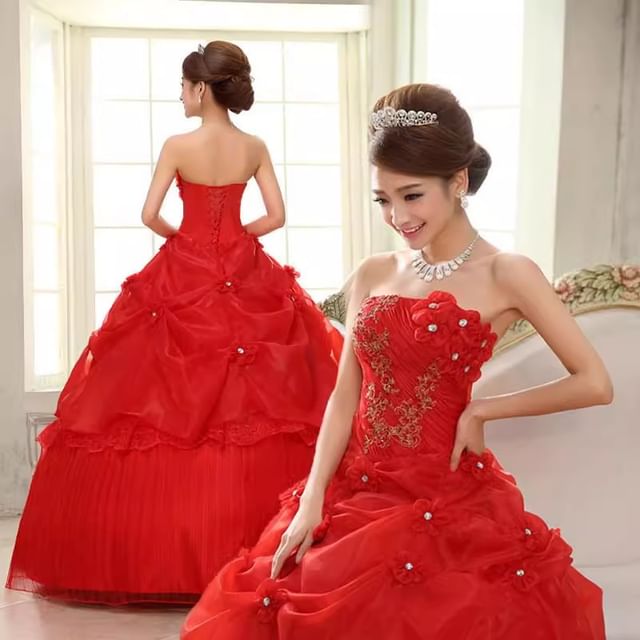 Strapless Lace Panel Floral Accent Ruched Ball Gown