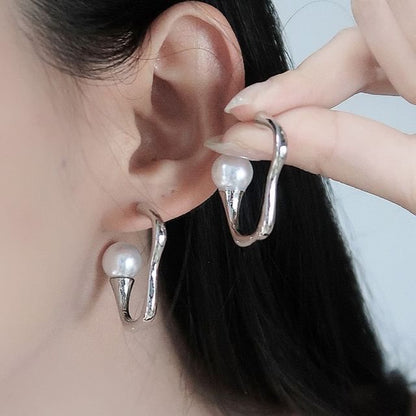 Faux Pearl Irregular Alloy Open Hoop Earring