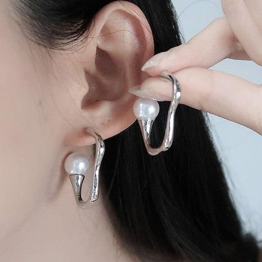 Faux Pearl Irregular Alloy Open Hoop Earring