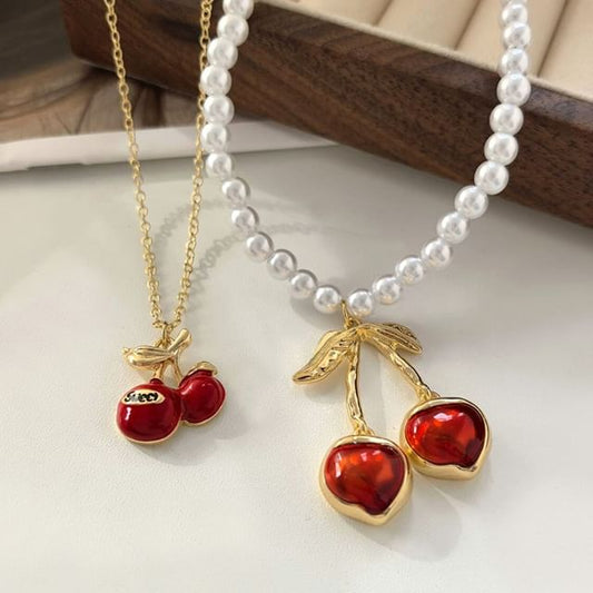 Cherry Resin Pendant Alloy Necklace / Cherry Pendant Faux Pearl Necklace