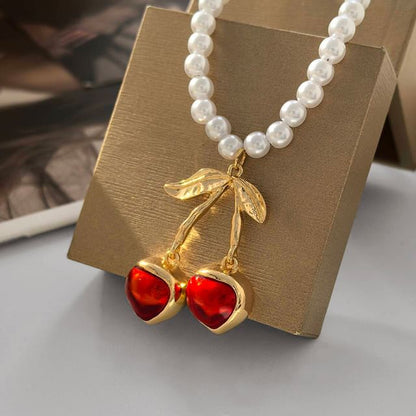 Cherry Resin Pendant Alloy Necklace / Cherry Pendant Faux Pearl Necklace
