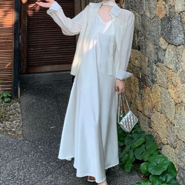 Long-Sleeve Plain Shirt / Spaghetti Strap V-Neck Maxi Sundress