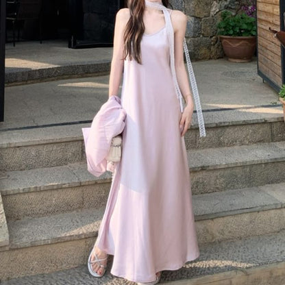 Long-Sleeve Plain Shirt / Spaghetti Strap V-Neck Maxi Sundress