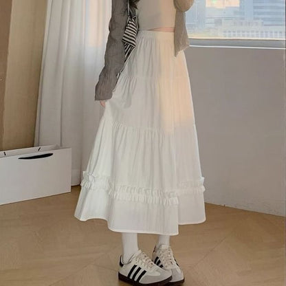 Elevated Midi A-Line Skirt with Frilled Hem