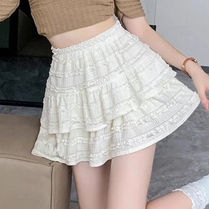 Layered Mini Skirt with Lace Trim and High Rise