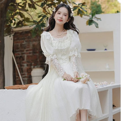 Juliet Sleeve Square Neck Plain Bow Ruffle Panel Lace Midi A-Line Wedding Dress / Veil / Set