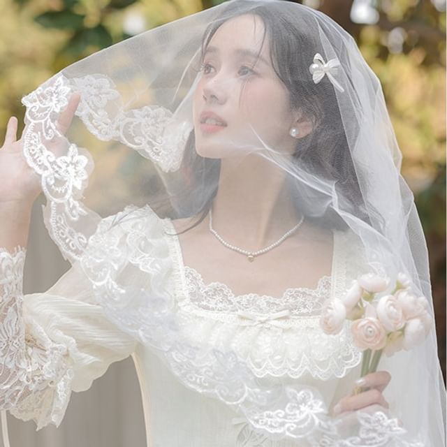 Juliet Sleeve Square Neck Plain Bow Ruffle Panel Lace Midi A-Line Wedding Dress / Veil / Set