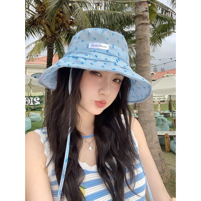 Lettering Applique Plaid Bucket Hat