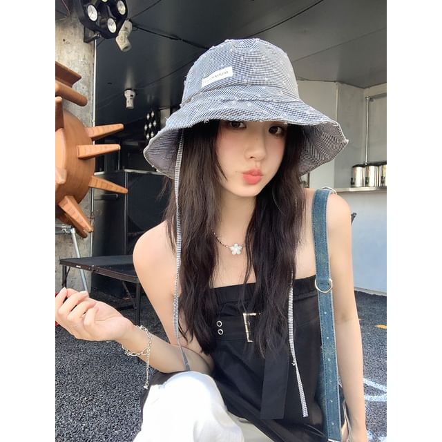 Lettering Applique Plaid Bucket Hat