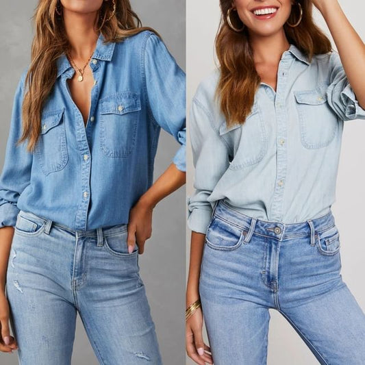Loose-Fit Sleeve Shirt Denim Long V-Neck