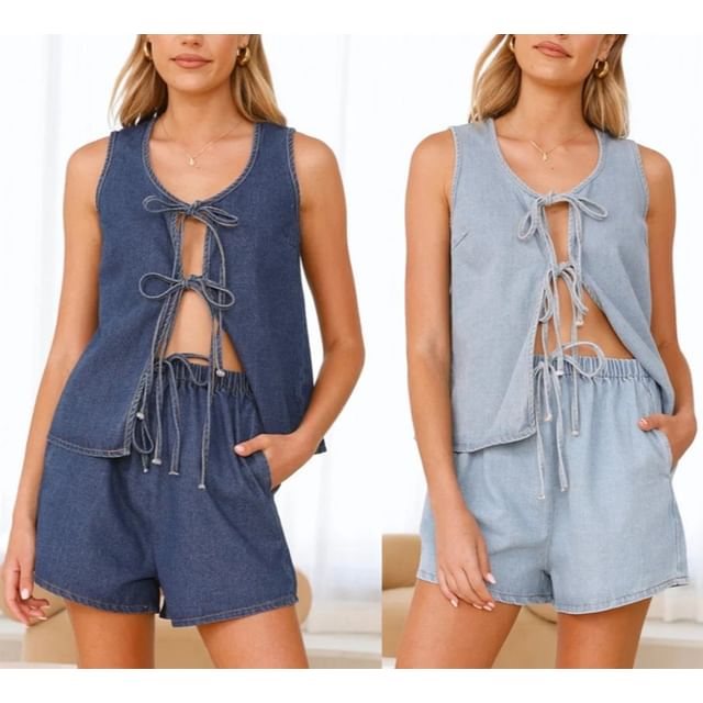 Top Tie-Front Wide-Leg Shorts V-Neck Tank Set: + Denim High Mini Waist