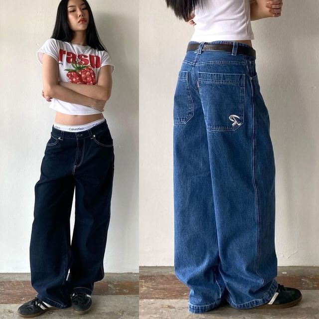 Wide-Leg Loose-Fit Jeans Rise Low Washed