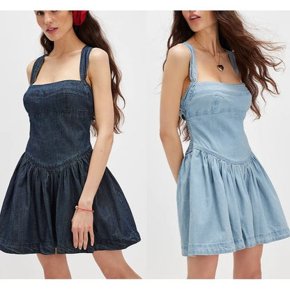 Washed Slim-Fit Denim Square-Neck Sleeveless Dress Mini