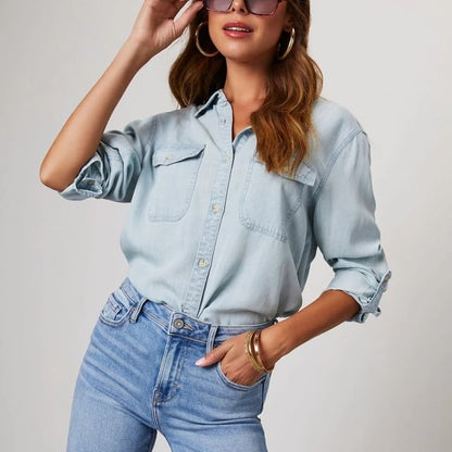 Long Sleeve V-Neck Loose-Fit Denim Shirt